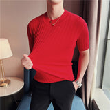 Summer Knitted Elasticity T Shirt Men Half High Collar Short Sleeve Casual Slim Fit Sweater Tops Tees Social Club T-Shirt