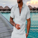Men Summer Hawaiian Turn Down Collar V Neck T-Shirt Casual Zipper Short Sleeve Blouse Daily Tee High Quality Clothing S-3XL
