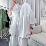 Korean Style Men's Set Shirt+Shorts Solid Short Sleeve Top Matching Bottoms Summer Fashion Oversized Clothing Men