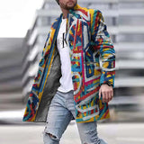 Winter Thick Fleece Coat For Men Vintage Striped Print Loose Long Sleeve Turn-down Collar Buttoned Trench Mens Fashion Overcoats