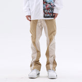 Mens PU Patchwork Jogging Pants Streetwear Half Zipper Colorblock Casual Trousers Oversize Men Women Elastic Waist Track Pants