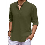 Men Shirt New Mens Linen Long Sleeve V-Neck T Shirt Solid Color Casual Hawaiian Shirt Yoga Button Breathable Top Shirts for Men