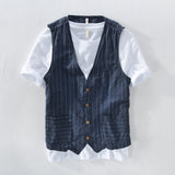 Men Vintage Vest Slim Linen Cotton Blazer Vest Male Casual Thin Striped Suit Waistcoat Clothing Asian Size M-3XL
