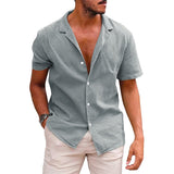 Summer New Men's Casual Solid Color Blouse Cotton Linen Short Sleeve Shirt Loose Cardigan Tops Comfy Breathable Beach Male Shirt