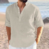 Mens Casual Cotton Linen Turn-down Collar Single Breasted Shirt 3/4 Sleeve Loose Blouse Button V Neck Shirts Tops Clothing
