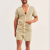 Men's Two-piece Set Knit Solid Color Hollow Out Suit Short Sleeve Lapel Pocket Top Drawstring Shorts New Fashion