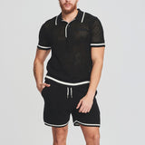 Men's Two-piece Set Knit Solid Color Hollow Out Suit Short Sleeve Lapel Pocket Top Drawstring Shorts New Fashion