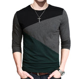 Autumn Korean Men T Shirt Vintage Style Patchwork Black&Gray O-Neck Long Tshirt Men Clothing Plus Size M-5XL