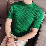 Men's High-End Casual Short Sleeve knitting Sweater/Male High collar Slim Fit Stripe Set head Knit Shirts Plus size S-4XL