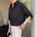 Short Sleeve Shirt Men Korean Fashion Half-sleeved Shirt Handsome Summer Lapel Solid Color Casual Ice Silk High Quality Top