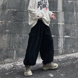 Big Pocket Cargo Pants Men's Casual Solid Color Straight Pants Baggy Wide-leg Ankle-length Pants Men Elastic Waist Pants