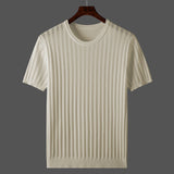 Men Short Sleeve Breathable Leisure O-neck Slim Fit T-shirts Male Fashion Ice Silk Knitted Tops  Size Shirt L145