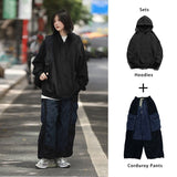 Men's Sets Corduroy Cargo Pants for Men Loose Men's Hoodies Sweatshirt Black Japanese Streetwear Hip Hop Harajuku Autumn
