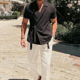 Summer Solid Color Linen Short-sleeved Shirt Suit Lapel Strap French Elegant Gentleman Loose Casual Simple Top Men's Clothing