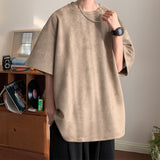 Men's Suede Short Sleeve T-shirt Vintage Loose T-shirts Women Casual Oversized T Shirt O Neck Retro Harajuku Tops Tees New
