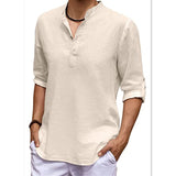 Men Shirt New Mens Linen Long Sleeve V-Neck T Shirt Solid Color Casual Hawaiian Shirt Yoga Button Breathable Top Shirts for Men
