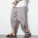 HOUZHOU Striped Cotton Linens Pants for Men Oversize Harem Cropped Trousers Male Summer Casual Beach Japanese Streetwear Hip Hop
