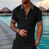 Men Summer Hawaiian Turn Down Collar V Neck T-Shirt Casual Zipper Short Sleeve Blouse Daily Tee High Quality Clothing S-3XL