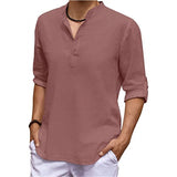 Men Shirt New Mens Linen Long Sleeve V-Neck T Shirt Solid Color Casual Hawaiian Shirt Yoga Button Breathable Top Shirts for Men