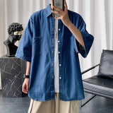 Blue Denim Short Sleeve Shirts Men Summer Thin Korean Fashion Top Vintage Oversize Baggy Cardigan Blouses Casual Man Y2K Clothes