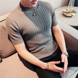 Men's High-End Casual Short Sleeve knitting Sweater/Male High collar Slim Fit Stripe Set head Knit Shirts Plus size S-4XL