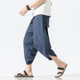 HOUZHOU Striped Cotton Linens Pants for Men Oversize Harem Cropped Trousers Male Summer Casual Beach Japanese Streetwear Hip Hop