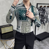 British Style Fashion Green Printed Shirts Men Retro Slim Fit Long Sleeve Floral Shirt Streetwear Homme Social Party Clothing