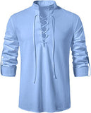 Men Cotton Linen Shirt Casual Shirts Long Sleeve Shirt V-neck Blouse Casual Harajuku Tops Thin Tees with Lace Up Men Clothing