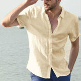 Hot Sale Men's Short-Sleeved Shirts Cotton Linen Summer Solid Color Turn-down Collar Quick Drying Casual Beach Style Plus Size