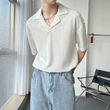 American Solid Color Cuban Collar T-shirt Short Sleeve Mens Niche Design New Summer Lapel Loose Waffle T Shirts for Men