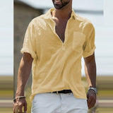 Casual Loose Pullover Streetwear Cotton Linen Shirts Men Summer Short Sleeve Tee Top Solid Button Lapel Shirt Men's Clothing