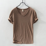 Summer New 100% Cotton T-shirt Men V-neck Solid Color Casual T Shirt Basic Tees Plus Size Short Sleeve Tops Y2449