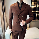 (Jacket+Pants) Men Blazers High Quality Double Breasted Business Suits/Male Slim Fit Waffle Groom's Wedding Dress Casual Tuxedo