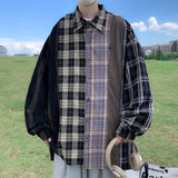 Men's Plaid Patchwork Casual Shirts Oversized Fashion Cardigan Harajuku Hip Hop Streetwear Autumn Male Blouses Y2K Clothes
