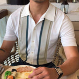Stripe Polo Men T-shirt Bussiness Collar Knit Cotton Short Sleeve Casual Daily Chic Luxury Slim Fit Fashion
