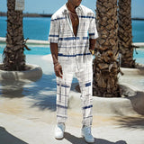 Fashion Print Two Piece Set Men Summer Short Sleeve Lapel Button Shirts And Straight Pants Suit For Mens Outfits Casual Clothing
