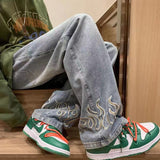 Fashion Flame Embroidery Men's Jeans Neutral Wide Leg Denim Trousers Loose Straight Jeans Youth Casual Baggy Hip Hop Pants