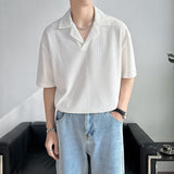 American Solid Color Cuban Collar T-shirt Short Sleeve Mens Niche Design New Summer Lapel Loose Waffle T Shirts for Men