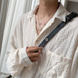 Apricot Handsome Lapel Men Blouse Vacation Hollow Out Sexy Fashion Men Clothing Male Mesh Long-sleeved Shirts Tops