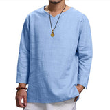 V Neck Cotton Linen T Shirts For Men Solid Color Long Sleeve Shirts Casual Tops Loose Large Size Tees Breathable Men Clothing