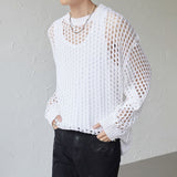 Men's Vintage Loose Smock Tops Summer Fashion All-match Casual Geometic Hollow Out Outfits See-though Knit Shirts