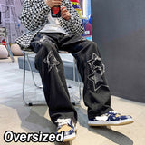 Vintage Women's Men's Korean Denim Pants Y2K Cltohes Streetwear Printed Patchwork Male Baggy Jeans Straight Trousers For Men