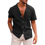 Summer New Men's Casual Solid Color Blouse Cotton Linen Short Sleeve Shirt Loose Cardigan Tops Comfy Breathable Beach Male Shirt