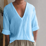 Vintage Imitation Linen Shirt Men Breathable Casual Long Sleeve Oversize Tops Summer V Neck Boho Style Mens Shirts 의류 Кофта