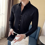 Spring Fashion Fold Design Long Sleeve Striped Shirts For Men Clothing Business Slim Fit Casual Tuxedo