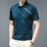 Men T Shirt Business Casual Striped Print Regular Fit Summer T Shirts for Men Turn-Down Collar Short Sleeve Men Tees Tops
