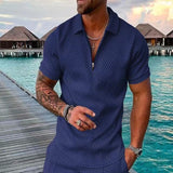 Men Summer Hawaiian Turn Down Collar V Neck T-Shirt Casual Zipper Short Sleeve Blouse Daily Tee High Quality Clothing S-3XL