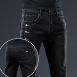 Trendy Men Clothing Slim Button Black Jeans Solid Color Stretch Skateboard Multi-button Youth Male Skinny Denim Pants