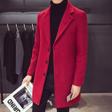 Men Long Cotton Coat Autumn Winter New Wool Blend Pure Color Casual Business Fashion Slim Windbreaker Jacket Men Clothing