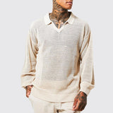 Fashion Solid Hollow Knitted Polo Shirts Men Autumn Casual Turn-down Collar Long Sleeve Pullovers For Mens Streetwear Tops
